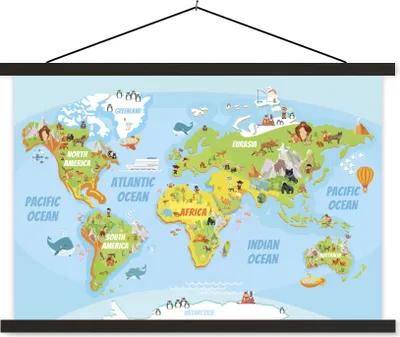 Produktbild von MuchoWow® Textilposter Weltkarte - Kinder - Tiere 60x40 cm mit schwarzem Rahmen - Hölzernes