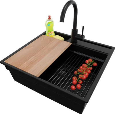 Produktbild von PRIMAGRAN Granitspüle Alles Schwarz 58x53cm, Spülbecken 1 Becken + Ablauf-Set + Küchenzubehörset, Küchenspüle ab 60er Unterschrank - Oslo Pocket