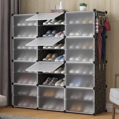 Produktbild von Schuhregal Kleiderschrank - Modularer Aufbewahrungsschrank 12 Würfel - Große Kapazität - Metallrahmen - Selbstmontage - Schwarz
