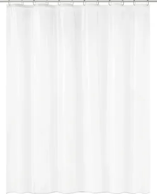 A white shower curtain hanging from a shower rod.