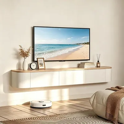 Imagen del producto de Mueble de TV suspendido de 180 cm, mueble para televisión con puertas, blanco y madera