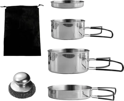 Produktbild von Camping Kochgeschirr Set 9-teilig, Edelstahl, für 2-3 Personen, faltbar, für Camping