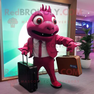 Productafbeelding van Magenta Piranha mascotte REDBROKOLY kostuum karakter gekleed met een colbert en aktetassen