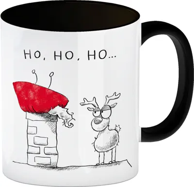 Produktbild von Weihnachtsmann im Kamin Kaffeebecher in schwarz mit Spruch HO HO HO