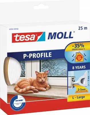 Produktbild von TESA Selbstklebende Gummidichtung für Fenster und Türen, P-Profil, weiß, 9mm x 25m