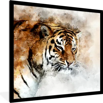 Produktbild von MuchoWow® MuchoWow® Gerahmtes Poster Tiger - Gemälde - Weiß 40x40 cm - Poster mit zchwarzem Bilderrahmen - Mit Rahmen - Wanddekoration Schlafzimmer