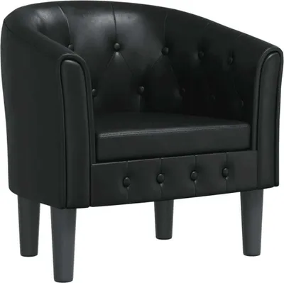 A black faux leather armchair with tufted detailing.