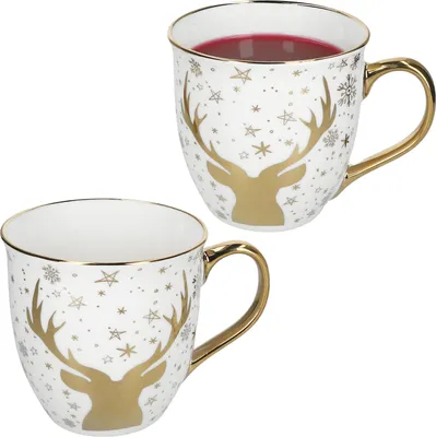 Obrázek produktu pro sada 2 hrnků jumbo 450 ml porcelánový jelen bílý zlatý šálek na čaj a kávu