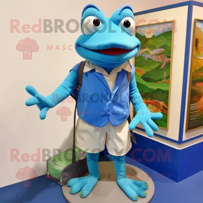 Produktbild von Maskottchen REDBROKOLY kostüm Blauer Frosch bekleidet mit Bermudashorts und Clutch-Taschen