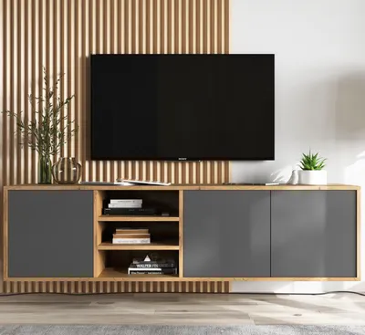 Obrázek produktu pro Závěsná TV skříňka Televizní stolek RTV skříňka 150 cm Apollo - Třídveřový - Moderní -Indriustral Style - Barva: dub Wotan grafit matný