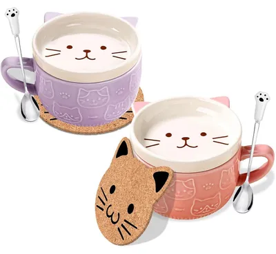 Image de Jeu de 2 tasses à café avec couvercle, violettes et roses, en céramique, avec motif de chat