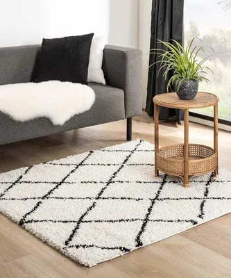 Obrázek produktu pro Koberec Unyqoos® s vysokým vlasem, berberský styl, čtvercový, 140 x 140 cm – bílá/černá barva, výška vlasu 3 cm, hmotnost 1,9 kg/m², měkký a stálobarevný