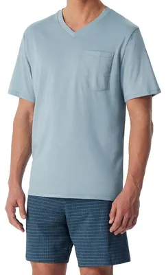 Immagine prodotto di Set di pigiama Schiesser Comfort Essentials composto da maglietta e pantaloncini, realizzato in 100% cotone. Pantaloni con elastico in vita, colore azzurro, taglia 54