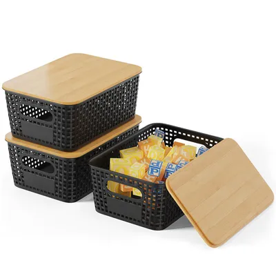 Produktbild von Aufbewahrungskorb 3er Set, mit Deckel aus Bambus, rechteckig, Bad, Schlafzimmer, Küche und Schreibtisch, Accessoires, dekorativer Organizer, Schwarz
