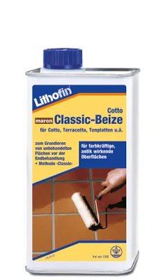 A metal can of Lithofin Cotto Classic-Beize maron with a blue cap, set against a white background. The label features product information and an illustration of a hand using a roller on terracotta tiles.