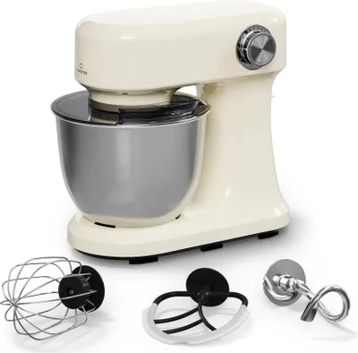 A cream-colored stand mixer with a silver bowl and attachments is displayed against a white background.