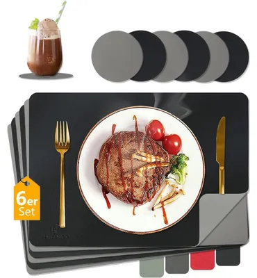 Obrázok produktu pre Sada 6 podtáciek, umývateľné, vzhľad kože, 43x30 cm, vodotesné, odolné voči teplu, dvojfarebné (čierna + sivá)