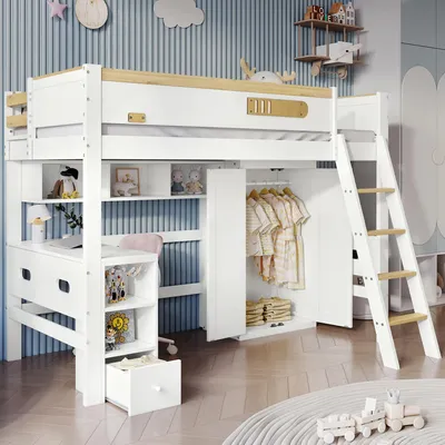 Produktbild von Flieks Etagenbett 90x200cm mit Schreibtisch und Regal, Hochbett mit Kleiderschrank, Kinderbett Holzbett mit Rausfallschutz, Stockbett Einzelbett Weiß
