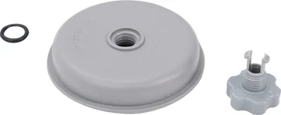 A set of spare parts for a filter pump, including a lid, a vent valve, and a gasket, laid out on a white background.