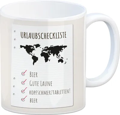 Produktbild von Kaffeebecher Urlaubscheckliste für Partyurlaub mit Weltkarte