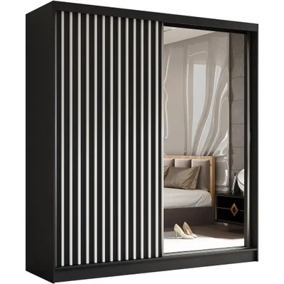 A black sliding door wardrobe with white vertical slats on one door and a mirrored door reflecting a bedroom interior.