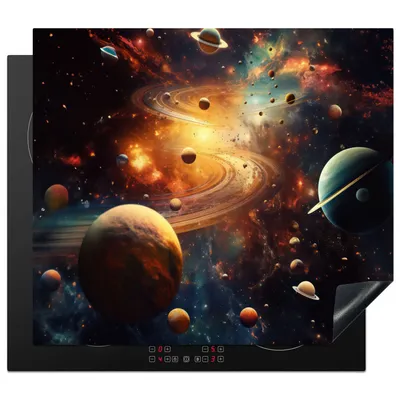 Produktbild von KitchenYeah© Herdabdeckplatte Galaxie - Weltraum - Neon - Planeten , 58x51cm, Küche Deko, Glaskeramikkochfeld Herdabdeckung, Abdeckplatte fùr Kochfeld