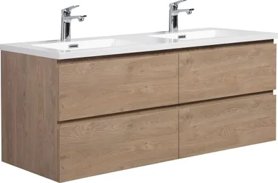 Produktbild von Badplaats Badmöbel Set mit Waschbecken und Unterschrank Angela 140 x 48 cm Kastanien Eiche - Waschbeckenunterschrank mit Soft-Close und Doppelwaschbecken, Vorgemontiert