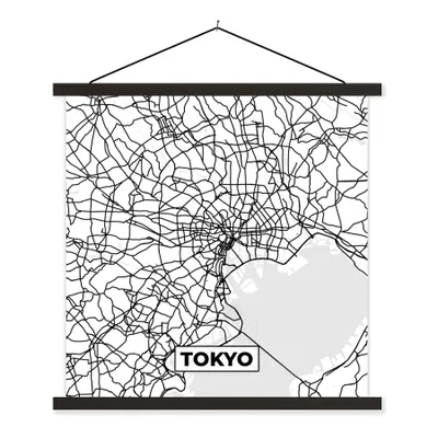 Produktbild von MuchoWow® Textilposter Karte - Tokio - Stadtplan - Schwarz und weiß - Karte 120x120 cm mit schwarzem Rahmen - Aufhängungsset