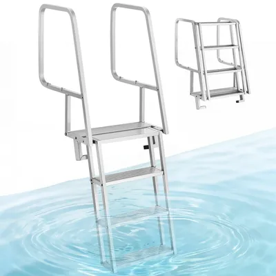 Produktbild von Dockleiter klappbar - Bootsleiter Poolleiter - 4 Rutschfeste Breite Stufen - Mit Handlauf & Zugseil - 159 kg Tragkraft - Aluminiumlegierung - Für Stege Boote Pools