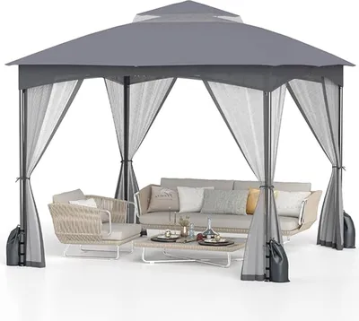 Produktbild von 3 × 3 m Pavillon, Grillpavillon mit Moskitonetz, wasserabweisender Pavillon mit Doppeldach, Metallrahmen, 8 Bodenpfählen, 4 Sandsäcken