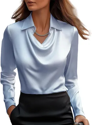 Produktbild von ASKSA Damen Satin Bluse Wasserfallkragen Elegante Oberteile Langarm Seide Hemdbluse Arbeitshemd Business Langarmshirt (Blau,XL)