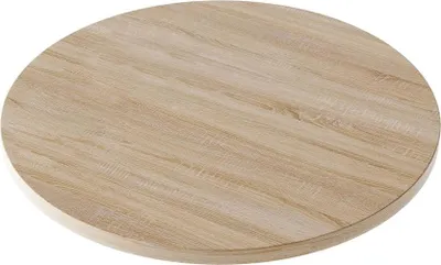 A round wooden tabletop with a light wood grain pattern, shown from a slightly elevated angle against a white background.