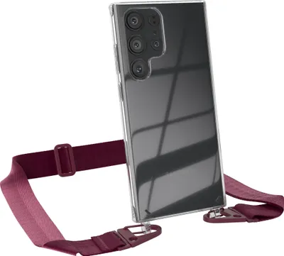 A clear studio shot of a transparent phone case with a red strap attached.
