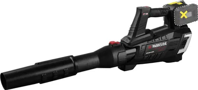 A black and gray cordless leaf blower with a yellow battery pack is shown against a white background.