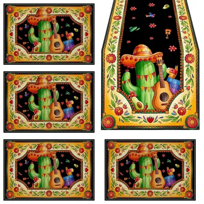 5er Set mexikanische Platzsets aus Polyester, bunt, 45x30 cm