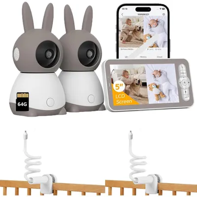 Obrázek produktu pro Dětská chůvička se 2 kamerami a APP 2K/5,0" WLAN chůvička s rozdělenou obrazovkou PTZ 360° 4× zoom IR noční vidění Automatické sledování s 2*mount & 64G