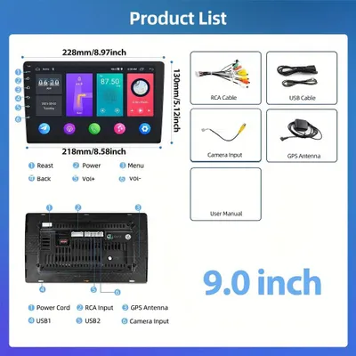 Imagen del producto de Radio para coche - Sistema de audio para automóvil - Reproductor multimedia - Navegador GPS - 2-DIN - Pantalla táctil de 9 pulgadas - Android 13