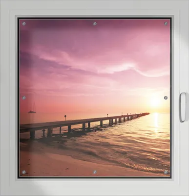 Produktbild von Wallario Lichtschutzbild, Dekorativer Sichtschutz Sonnenschutz 96 x 100 cm mit Motiv: Auf dem Weg zur Sonne  Steg am Meer - Verdunklung ohne Bohren