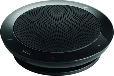 A black Jabra SPEAK 410 VoIP speakerphone is shown from a slightly elevated angle against a white background.