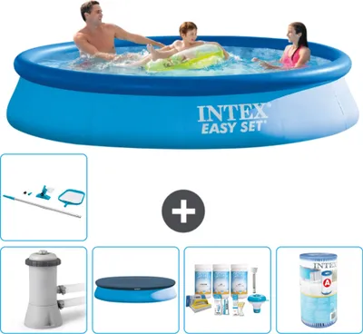 Produktbild von Intex runder aufblasbarer Easy Set-Schwimmpool – 366 x 76 cm – Blau – inklusive Pumpe Abdeckung - Wartungspaket - Filter - Reinigungskit