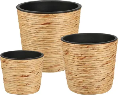Productafbeelding van Progarden gevlochten bloempot set, 3 stuks, bruin/zwart, waterhyacint, kunststof, 30x30x28 cm