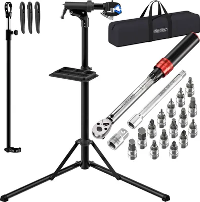 Produktbild von MONZANA® Fahrradmontageständer 50 kg mit Drehmomentschlüssel 1/4 Zoll Set Profi E-Bike klappbar Tragetasche Reifenheber 1–25 Nm Bitset Transportbox