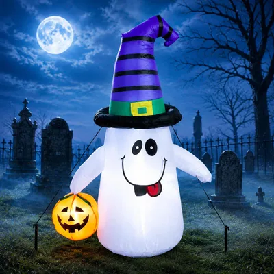 Produktbild von LED-Geist 124 cm – beleuchtete Halloween-Dekofigur mit Hexenhut und Kürbis, KI-generiertes Bild