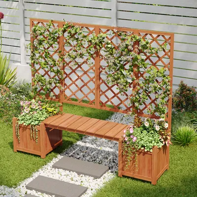 Produktbild von STILVORA Pflanzkübel mit Spalier als Rankhilfe,Pflanzkasten aus Holz mit Sitzgelegenheit,Blumenkasten für Garten,Hof&Terrasse,Braun