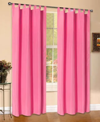 Two pink curtains hanging in front of a window.