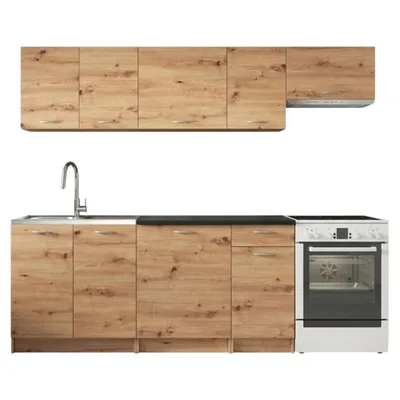 Produktbild von Küche 240 cm - mit schwarzer Arbeitsplatte - Artisan Eiche - Küchenzeile - 7 Küchenschränke - Küchenblock - MELA