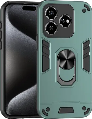 A close-up shot of a green phone case with a ring holder, placed next to a phone.