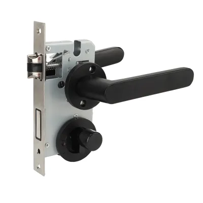 A close-up view of a black and silver door lock mechanism with a lever handle, set against a white background.