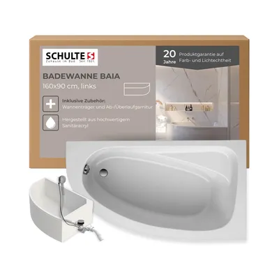 Produktbild von Schulte Badewanne 160x90 cm, Acryl, Komplettset inkl. Wannenträger und Ablauf-Überlauf-Garnitur, Modell Baia - Version rechts, Raumsparbadewanne Weiß