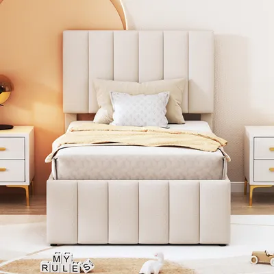 Produktbild von STILVORA Jugendbett 90x200 Polsterbett Kinderbett mit Rollbett und 3 Schubladen,Einzelbett mit höhenverstellbarem Kopfteil,ohne Matratze,Beige